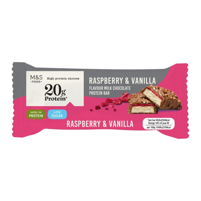 M&S raspberry and vanilla chocolate protein bar 55g, imported from the UK