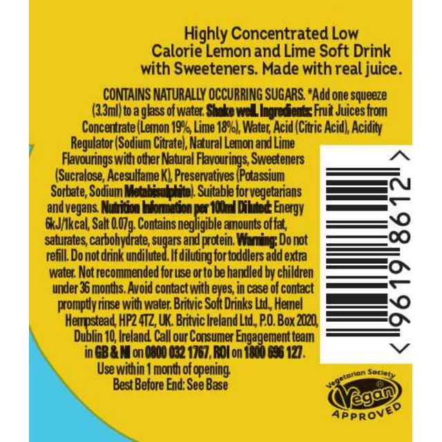 Robinsons lemon lime no added sugar squash 66ml (British brand)