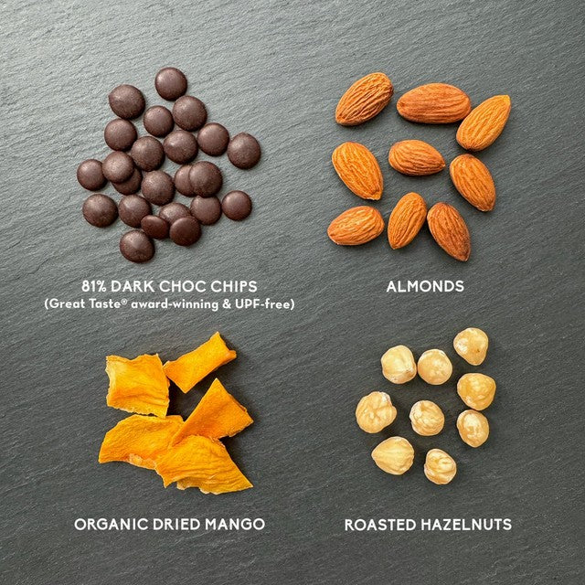 Nibble Simply Choccy Hazelnut Mango trail mix 32g, imported from the UK
