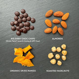 Nibble Simply Choccy Hazelnut Mango trail mix 32g, imported from the UK