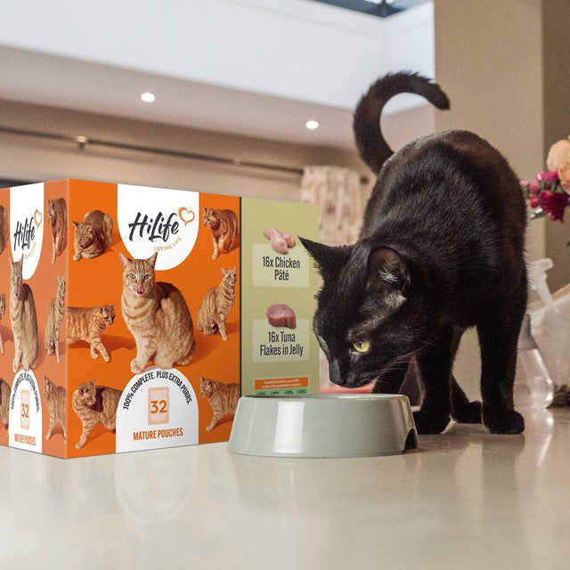 HiLife mature cat food variety pack with chicken and tuna in jelly 32 x 70g, UK version