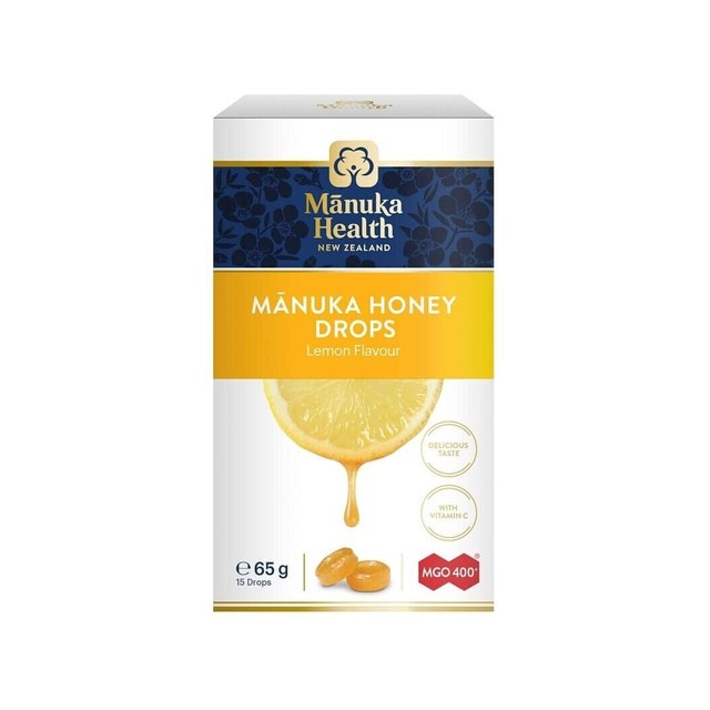 Manuka Health MGO 400+ Manuka Honey Lozenge Drops with Lemon 65g, imported from the UK