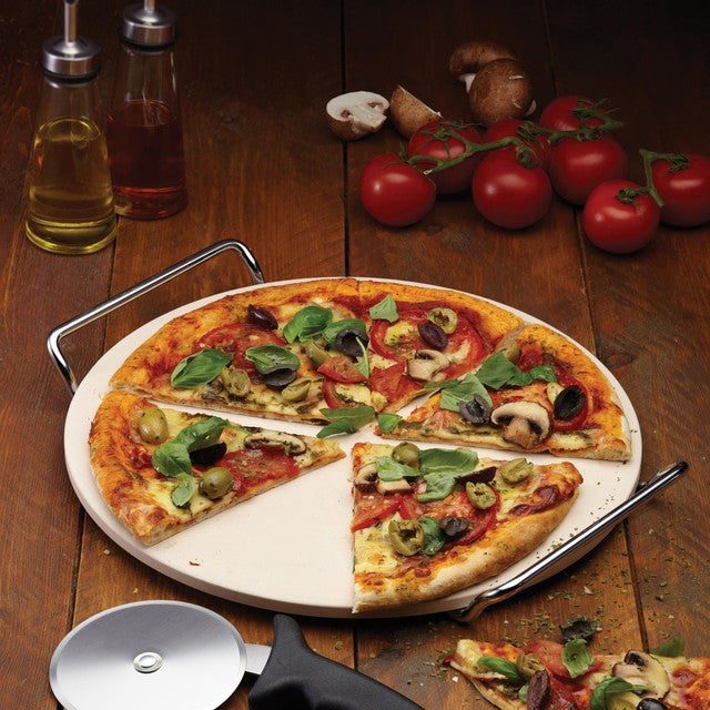 World of Flavours 32cm pizza stone set with stand and cutter, UK version