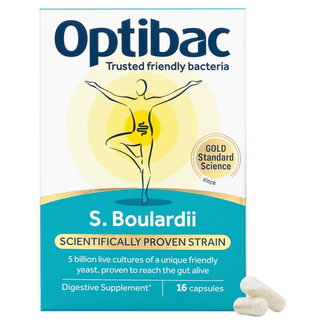 Optibac Saccharomyces Boulardii probiotic capsules 16 count, imported from the UK