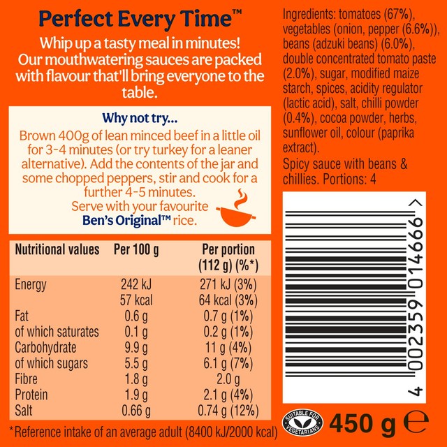 Ben's Original Hot Chilli Con Carne Sauce 450g jar - British product