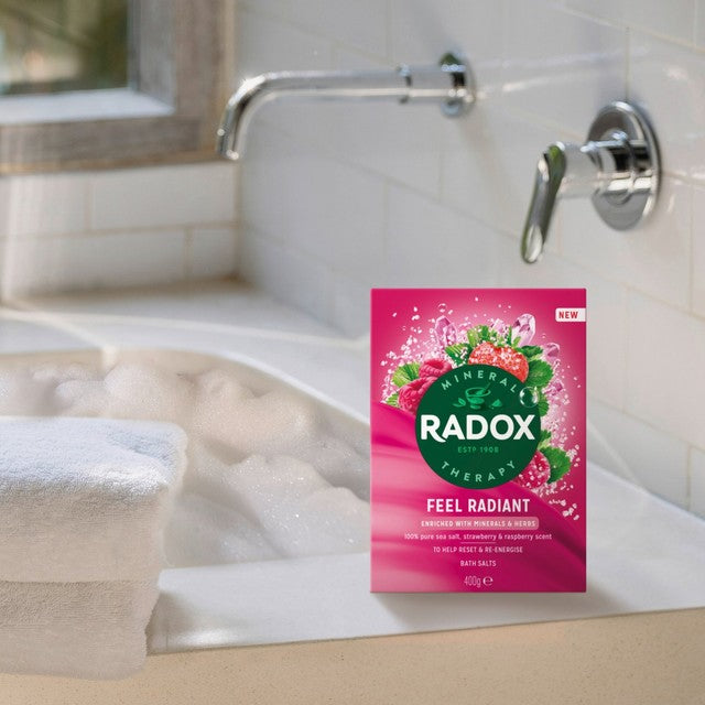 Radox Feel Radiant bath salts with strawberry and raspberry scent - British brand