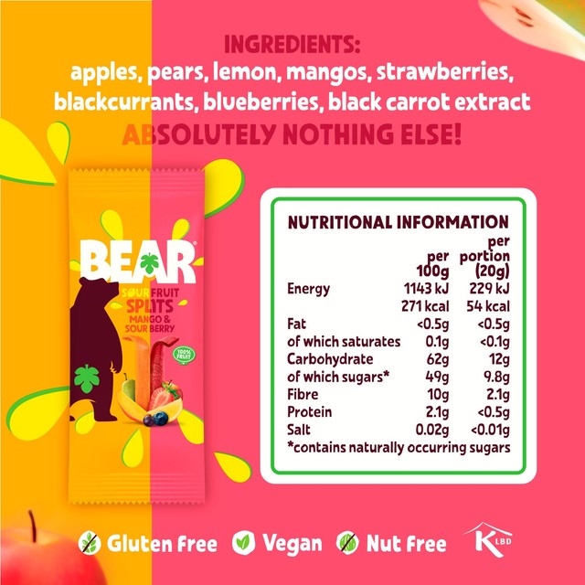 Bear fruit bars sour berry and mango 5 x 20g multipack - British product