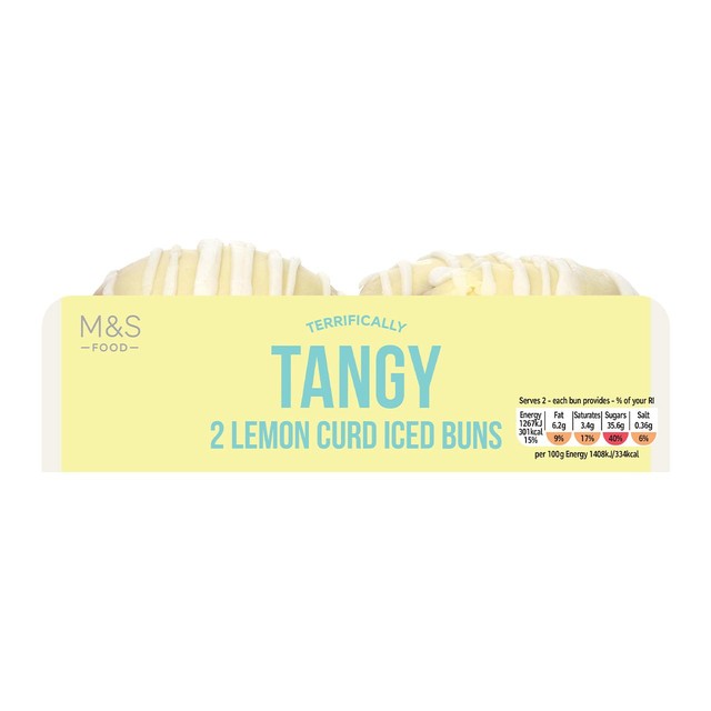 M&S lemon curd iced buns 2 per pack, imported from the UK