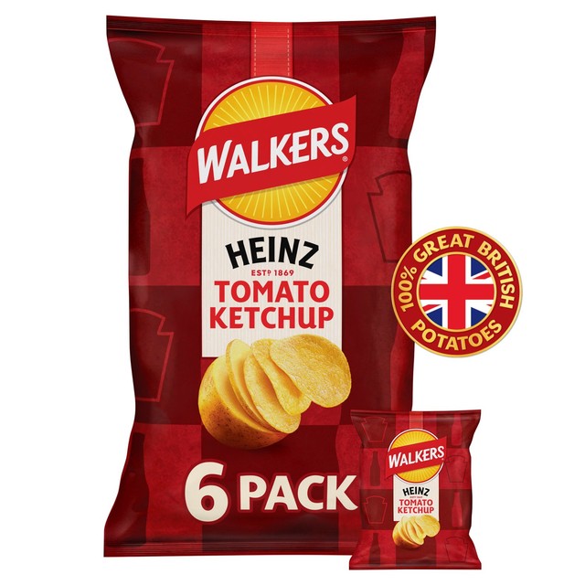 Walkers Tomato Ketchup flavour potato crisps 6x25g multipack (British brand)