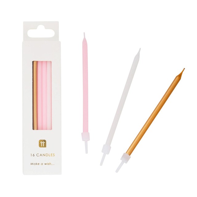 Talking Tables gold, white & pink birthday candles 10cm (British brand)