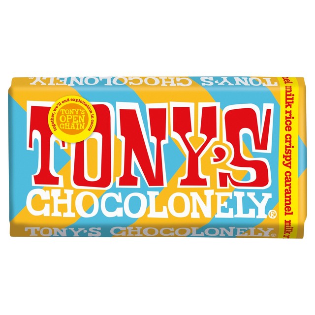 Tony's Chocolonely milk chocolate caramel rice crispy bar 180g (British brand)