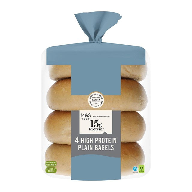 M&S High Protein Plain Bagels 4 Pack, imported from the UK