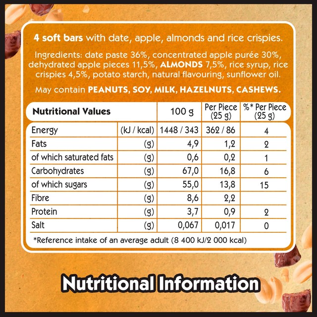 Eat Natural Peanut & Date soft fruit bars 4 x 30g - British product