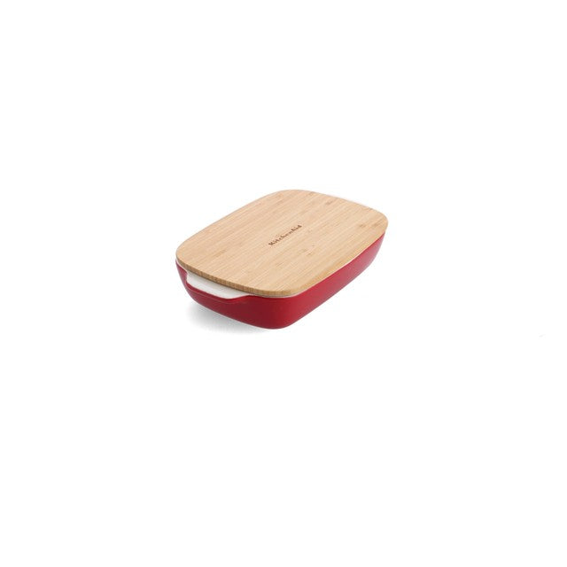 KitchenAid Empire Red 26cm stoneware casserole dish with bamboo lid, UK version