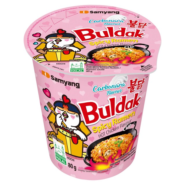Buldak hot chicken ramen carbonara instant noodle cup (British brand)