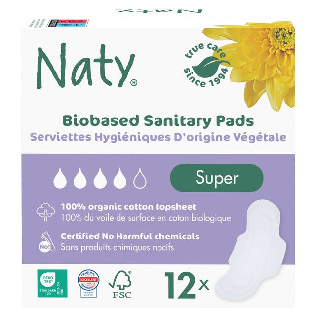 Naty Super Sanitary Pads 12 Pack, imported from the UK