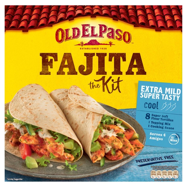 Old El Paso Extra Mild Fajita Kit 476g, imported from the UK