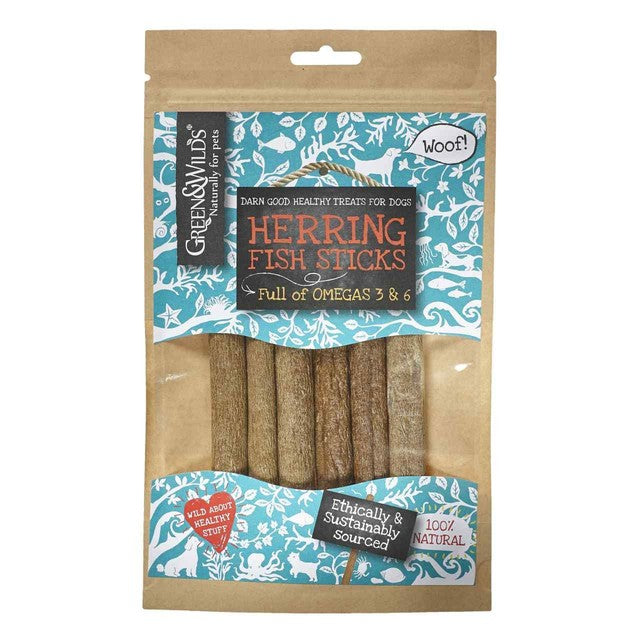 Green & Wilds herring fish sticks dog treats 100g, UK version