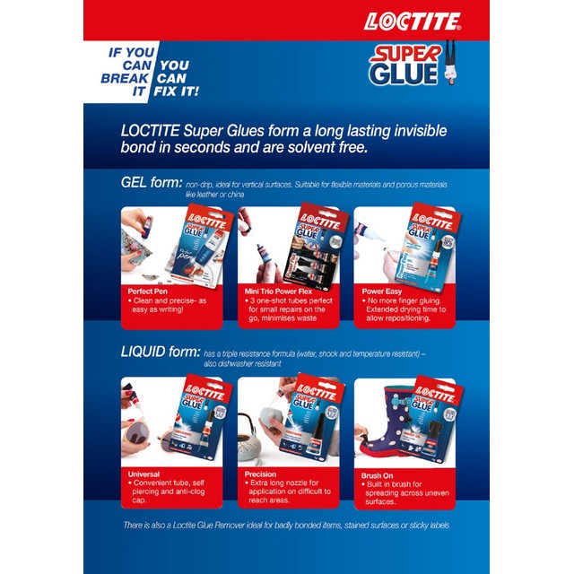 Loctite Superglue Universal liquid glue bottle, UK version.