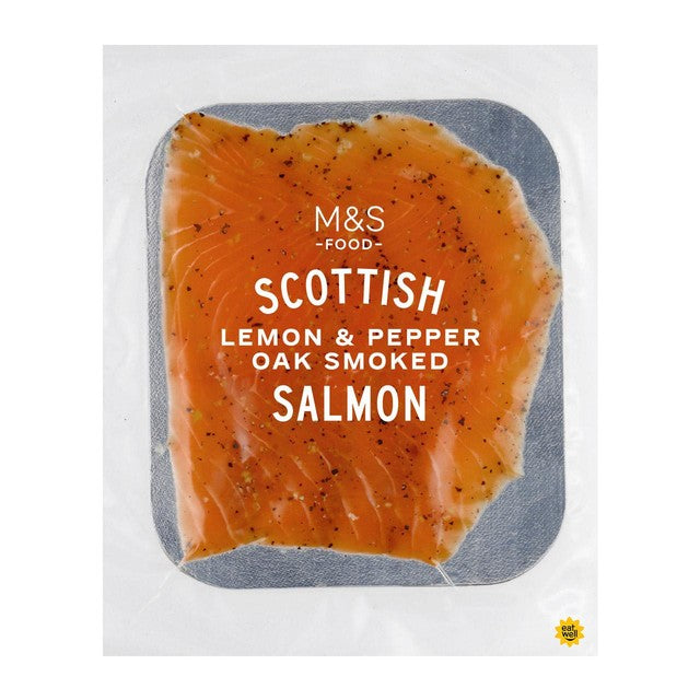 M&S lemon and pepper oak smoked salmon 100g, imported from the UK