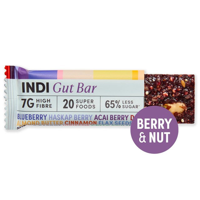 Indi Gut Bar Berry and Nut high fibre snack 35g, imported from the UK