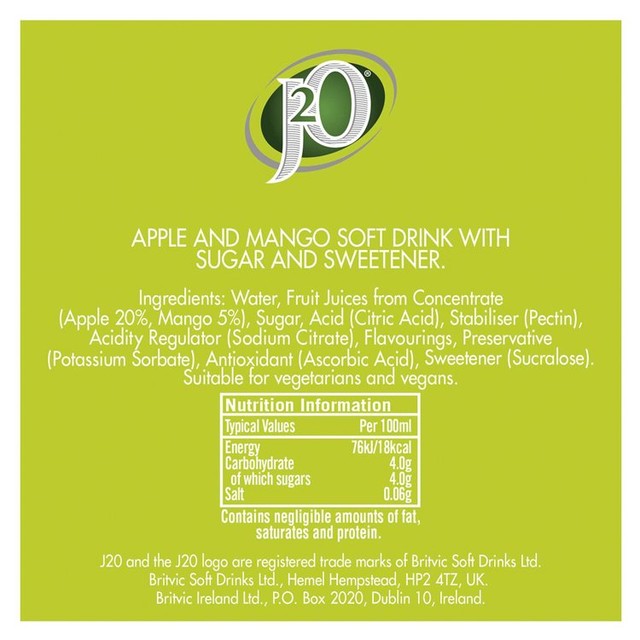 J2O Apple & Mango fruit juice mixer 4x275ml, UK version