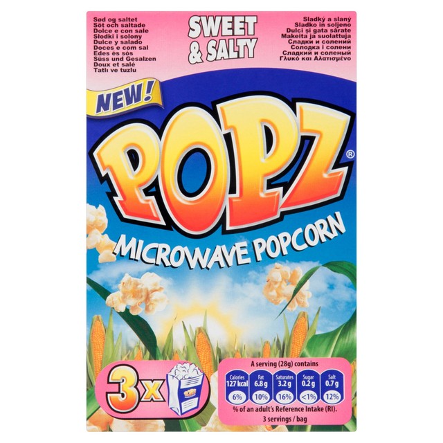 Popz sweet & salty microwave popcorn 3 x 85g, imported from the UK