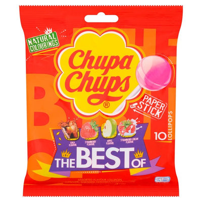 M&S Chupa Chup Assorted Flavour Lollipops Strawberry Apple Cola Strawberry-Cream 10 per pack- Buy online at McGrocer