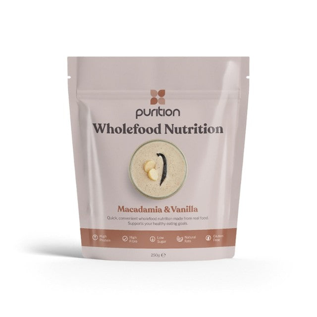 Purition Macadamia & Vanilla wholefood nutrition powder 250g, imported from the UK