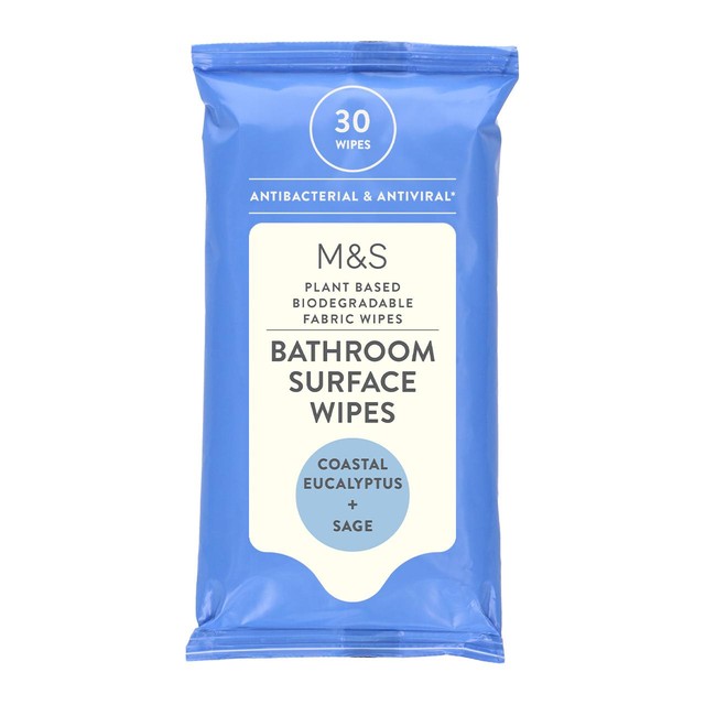 M&S biodegradable antibacterial bathroom wipes with coastal eucalyptus and sage fragrance 30 pack, imported from the UK