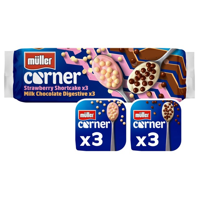 Muller Corner Chocolate Digestive and Strawberry Shortcake yogurts 6 x 124g, imported from the UK