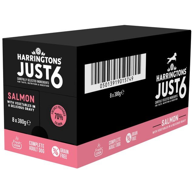 Harringtons Just 6 Salmon wet dog food 8 x 380g, UK version