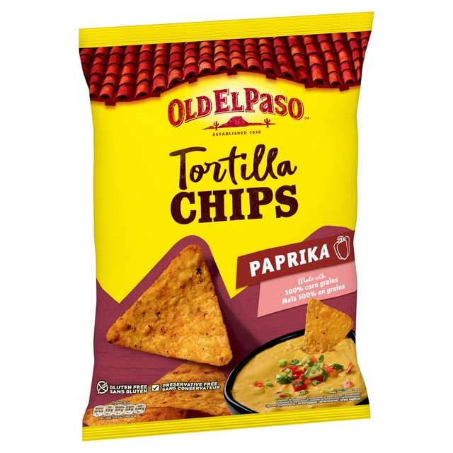 Old El Paso paprika flavour tortilla chips 185g, imported from the UK