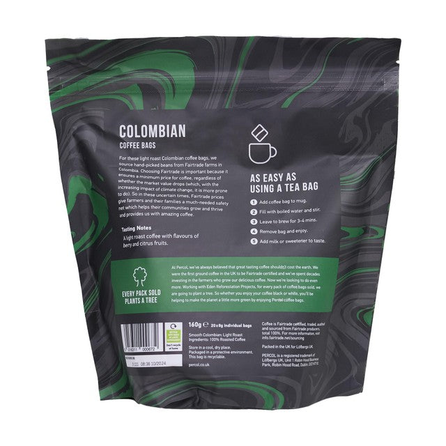 Percol Colombian Fairtrade coffee bags 20 pack, imported from the UK