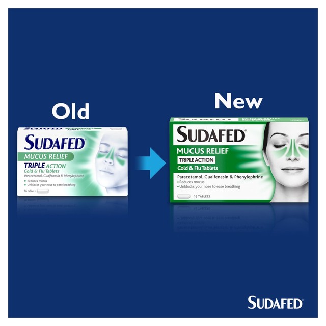 Sudafed Mucus Relief Triple Action Cold & Flu Tablets 16 tablets (British brand)