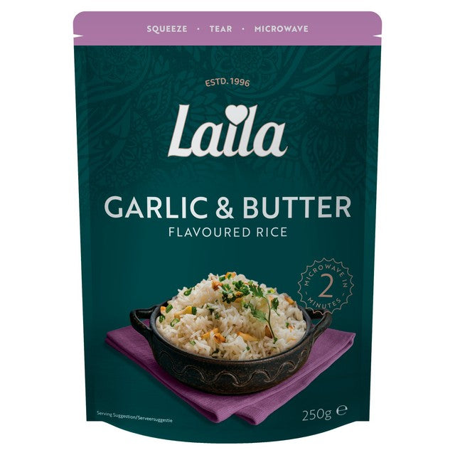 Laila Garlic & Butter Flavoured Microwave Rice 250g, UK version