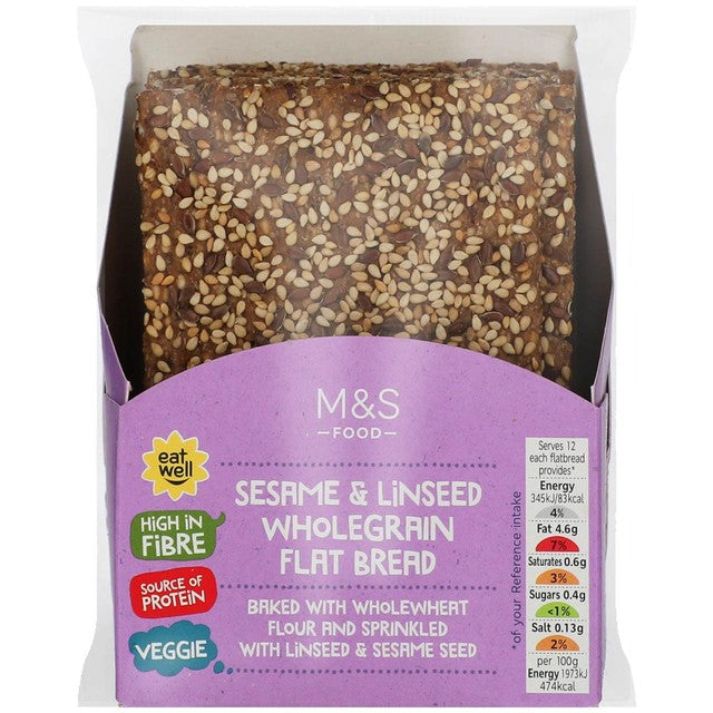 M&S sesame and linseed wholegrain flatbread 210g, imported from the UK