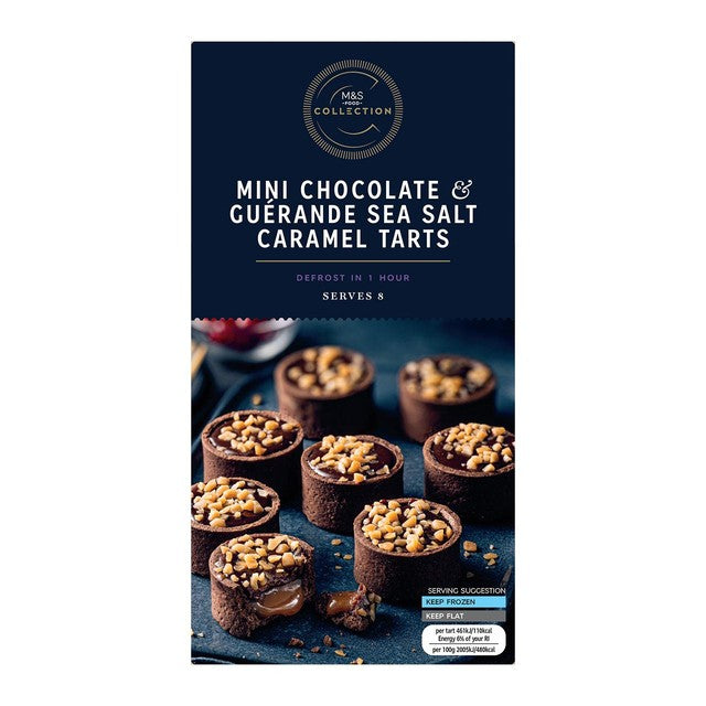 M&S mini chocolate and Guerande sea salt caramel tarts 184g, imported from the UK