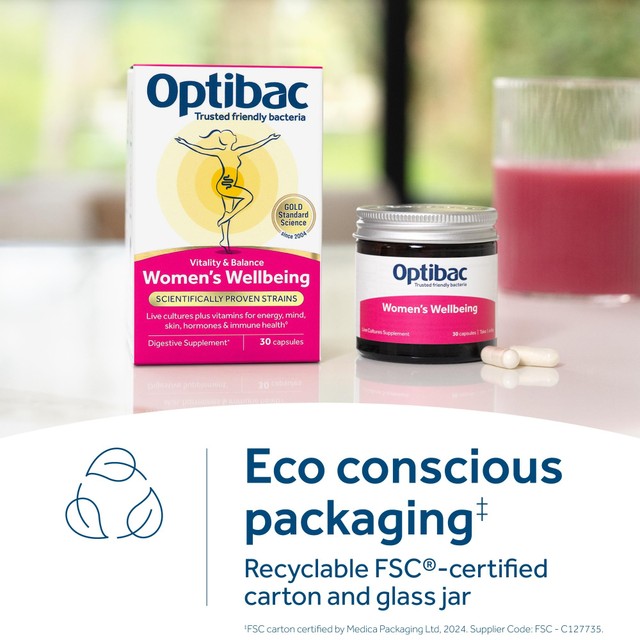 Optibac probiotics women's wellbeing supplement capsule jar, UK version