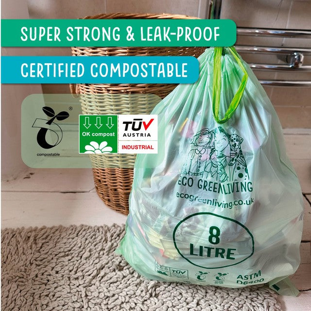 Eco Green Living compostable drawstring bin liner 8L pack - British product