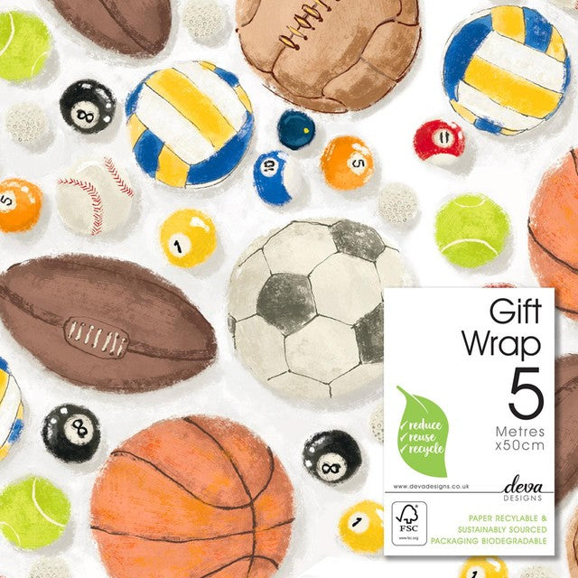 Deva Designs Sportballs gift wrap 5m roll (British brand)