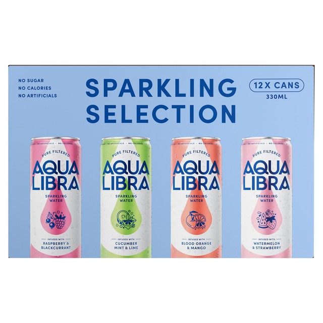 Aqua Libra variety pack flavoured sparkling water 12 x 330ml cans - British product