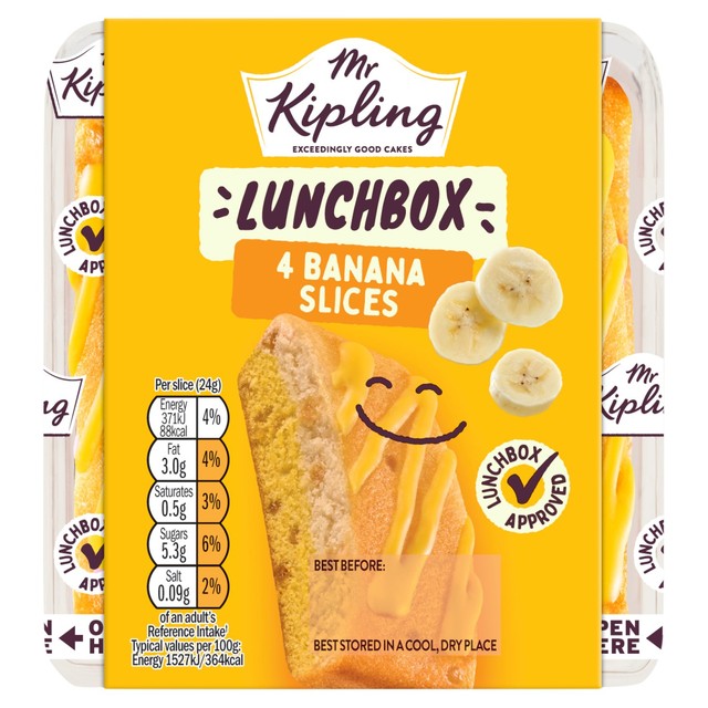 Mr Kipling banana cake slices 4 pack, imported from the UK