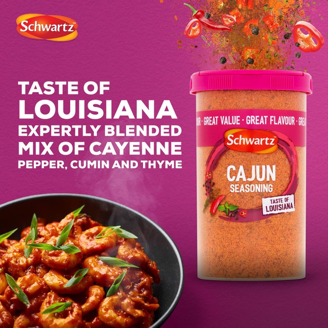 Schwartz Cajun Seasoning spice mix in a 110g plastic drum, British brand