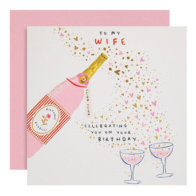 M&S wife birthday card with bubbles design 15x15cm, imported from the UK