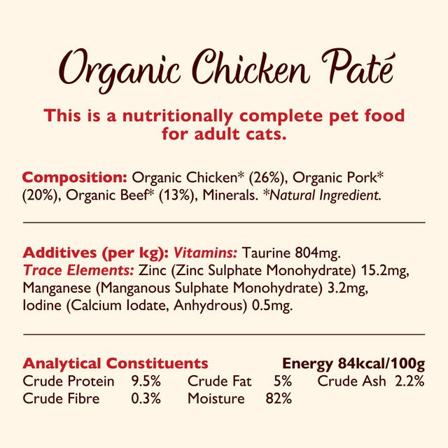Lily's Kitchen organic chicken dinner cat food paté 85g, UK version
