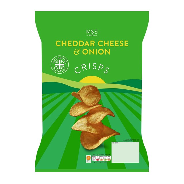 M&S Cheddar Cheese & Onion crisps 150g, imported from the UK