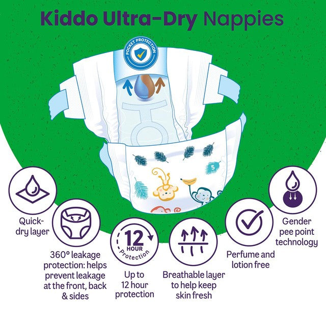 Ocado Kiddo Ultra-Dry nappies Size 5 (11-16kg), imported from the UK