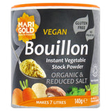 Marigold Health Foods organic vegan bouillon powder reduced salt 140g, imported from the UK