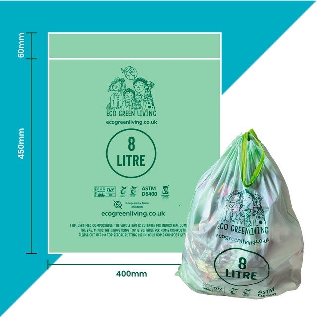 Eco Green Living compostable drawstring bin liner 8L pack - British product